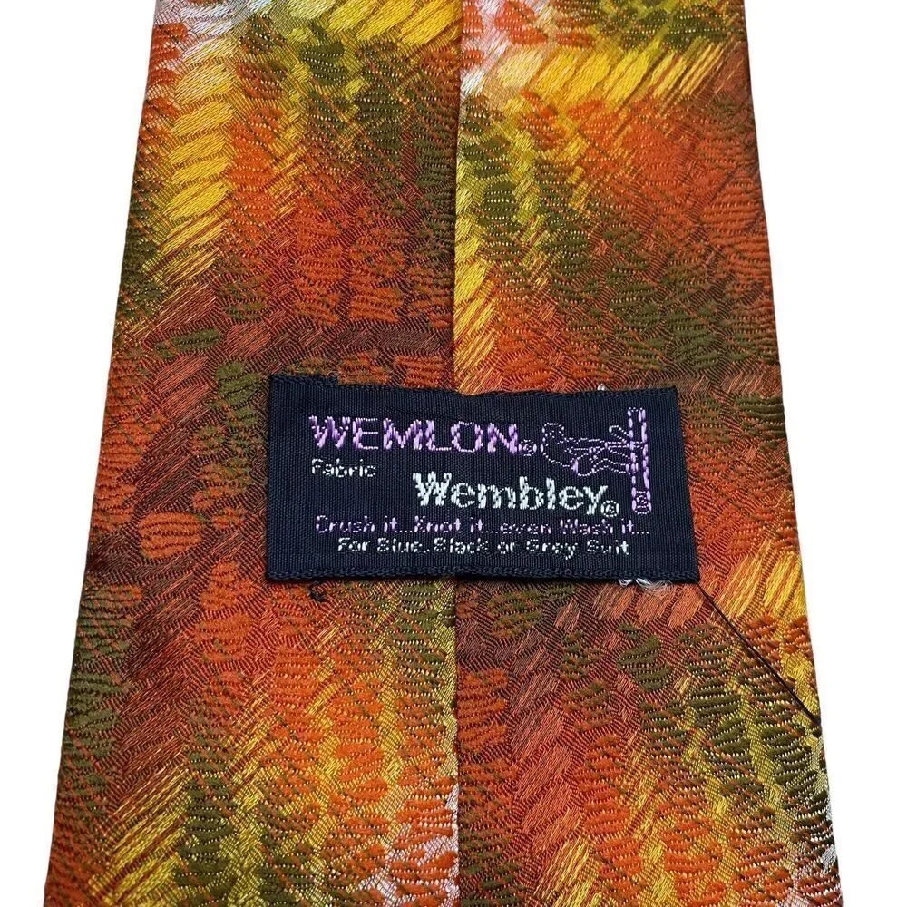 Vtg Wembley Mens Tie Necktie Wide Wemlon Polyester Orange Green Yellow Mod Disco